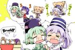  &gt;_&lt; 5girls =_= anger_vein blonde_hair blue_hair blush bracelet broken chinese_clothes closed_eyes crying dress earmuffs eating english expressive_clothes fang ghost_tail green_dress green_hair hair_rings hat herada_mitsuru holding_hands japanese_clothes jewelry kaku_seiga kariginu long_hair long_sleeves miyako_yoshika mononobe_no_futo multiple_girls ofuda open_mouth outstretched_arms puffy_sleeves purple_hair ritual_baton runny_nose shawl short_hair short_sleeves sleeveless snot soga_no_tojiko spanked spanking star tate_eboshi tears three_monkeys touhou toyosatomimi_no_miko translated wide_sleeves zombie_pose 