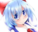  blue_eyes blue_hair blush bow cirno closed_mouth hair_bow highres hiro_(pqtks113) looking_at_viewer portrait short_hair simple_background smile solo touhou white_background 