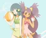  blue_hair hikari_(pokemon) iris_(pokemon) mei_(maysroom) pokemon pokemon_(game) pokemon_bw purple_hair swimsuit wink 