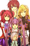  2girls 3boys ahoge asbel_lhant belt black_eyes blonde_hair bodysuit capelet cheria_barnes coat cravat elbow_gloves eyes_closed frills gloves grin hair_over_one_eye hairband heterochromia lambda long_hair multiple_boys multiple_girls open_mouth pants pink_hair purple_eyes purple_hair red_hair ribbon richard_(tales_of_graces) short_hair skirt smile sophie_(tales) sophie_(tales_of_graces) tales_of_(series) tales_of_graces twintails wink 