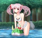  :3 alternate_hairstyle bikini bow ex-keine frilled_bikini frills fujiwara_no_mokou grey_hair kamishirasawa_keine kou512a long_hair looking_at_viewer navel objectification red_eyes solo sukusuku_hakutaku swimsuit touhou twintails water 