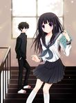  1girl black_hair book chitanda_eru highres hyouka long_hair oreki_houtarou purple_eyes school_uniform serafuku short_hair stairs tokora window 