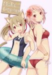  :d animal_ears ass blush bracelet breasts brown_hair cat_ears flat_ass flower freckles hair_flower hair_ornament hair_ribbon hibiscus highres holding innertube itoichi. jewelry lisbeth looking_at_viewer medium_breasts more_deban multiple_girls one-piece_swimsuit open_mouth pink_hair pointy_ears red_eyes ribbon short_hair short_twintails sign silica silica_(sao-alo) simple_background small_breasts smile swimsuit sword_art_online twintails white_background 