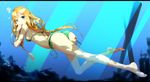  ass barefoot bikini blonde_hair blue_eyes bubble feet freediving koyaya letterboxed long_hair looking_at_viewer original side-tie_bikini soles solo swimming swimsuit underwater water 