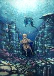  blonde_hair bubble diving fish highres original page propeller scenery solo sun twintails underwater water 