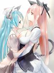  animal_ears aqua_eyes aqua_hair breasts cat_ears cat_tail detached_sleeves dress elbow_gloves gloves h016 hatsune_miku large_breasts long_hair megurine_luka mouth_hold multiple_girls red_eyes red_hair tail vocaloid 