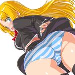  :o arnval ass black_legwear blonde_hair blue_eyes busou_shinki dd_(ijigendd) long_hair looking_back panties simple_background solo striped striped_panties thighhighs underwear upskirt 