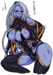  blue_skin blush breasts clothed clothing dickgirl female intersex leotard nezumi not_furry purple_eyes silver_hair skimpy 