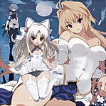  3girls absurdres ahoge archetype_earth arcueid_brunestud bandage bare_shoulders black_panties blonde_hair blue_eyes blue_hair blue_legwear blush boots bow bow_panties breasts cleavage detached_sleeves dress dual_wielding fang fate/apocrypha fate_(series) flat_chest full_moon grin hair_bow hair_intakes halter_top halterneck happy highleg highleg_panties highres jack_the_ripper_(fate/apocrypha) large_breasts long_hair looking_at_viewer melty_blood miniskirt moon multiple_girls no_bra open_mouth outdoors panties pointy_ears red_eyes sanada_taketo scan short_hair skirt sky smile string_panties tattoo thigh_boots thighhighs tsukihime type-moon underwear white_hair white_legwear white_len 