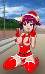  1girl bell bell_collar bra breastless_clothes breasts cameltoe christmas collar erect_nipples frills gloves hat highres hoshizora_miyuki panties precure santa_hat smile_precure! solo thighhighs underwear yosio 