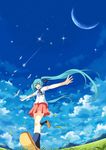  aqua_eyes aqua_hair bad_id bad_pixiv_id bird bu-n cloud crescent_moon danzero floating_hair flock grass hair_ribbon hatsune_miku long_hair moon open_mouth outstretched_arms ribbon running shooting_star skirt sky solo spread_arms star_(sky) starry_sky twintails very_long_hair vocaloid 