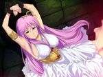  1girl angry armpits arms_up athena bare_arms bare_shoulders barefoot blue_eyes breasts cuffs dress feet hair_ornament highres jewelry kido_saori large_breasts legs long_hair looking_at_viewer lots_of_jewelry pink_doragon purple_hair raised_eyebrows restrained saint_seiya saint_seiya:_the_lost_canvas sasha_(saint_seiya) sitting slave sleeveless solo sweat thighs white_dress 