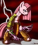  anthro anthrofied armor blue_eyes equine female friendship_is_magic fur god_of_war gummy_(mlp) hair hi_res horse kloudmutt kratos lightning mammal my_little_pony parody pink_fur pink_hair pink_theme pinkamena_(mlp) pinkie_pie_(mlp) plain_background pony solo warrior weapon 