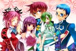  2girls 3boys ahoge asbel_lhant bare_shoulders belt blue_eyes blue_hair breasts capelet cheria_barnes coat dress elbow_gloves eyes_closed flower frills glasses gloves green_hair hair_over_one_eye hairband heterochromia hubert_ozwell lambda long_hair multiple_boys multiple_girls open_mouth pink_background pink_hair purple_eyes purple_hair red_hair ribbon short_hair skirt smile sophie_(tales) sophie_(tales_of_graces) tales_of_(series) tales_of_graces twintails 