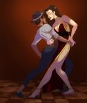  asami_sato avatar:_the_last_airbender avatar_(series) breasts cleavage cleavage_cutout dancing dark_skin dress glasworks highres korra large_breasts legs lipstick long_hair makeup multiple_girls tango the_legend_of_korra white_skin yuri 