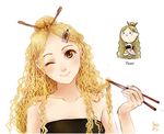  brown_eyes chibi chopsticks collarbone dress food hair_bun hair_ornament hair_stick hairclip holding holding_chopsticks kamaboko left-handed long_hair meago narutomaki noodles one_eye_closed original personification ramen signature simple_background sketch smile solo strapless strapless_dress themed_object wavy_hair 