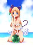  animal_ears bad_id bad_pixiv_id beach bikini blonde_hair blue_eyes breast_squeeze breasts cat_ears cat_tail flower food fruit hair_flower hair_ornament hibiscus kawagoe_pochi kneeling large_breasts long_hair looking_at_viewer mouth_hold navel popsicle ragnarok_online shiny shiny_skin showgirl side-tie_bikini skirt solo swimsuit tail wanderer watermelon 