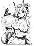  animal_ears aouma bad_id bad_pixiv_id breasts cleavage fox_ears fox_tail greyscale highres japanese_clothes kimono kongiku lantern large_breasts leaf leaf_on_head monochrome oboro_muramasa solo tail 