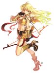  1girl absurdres archer_(ragnarok_online) arrow blonde_hair bow_(weapon) breasts cleavage female full_body gold high_heels highres marksman navel pants quiver ragnarok_online shoes short_pants sniper solo weapon yellow yellow_eyes 