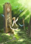  ankle_boots arm_up bird bird_nest bluebird boots bow brown_hair clock day dress flower forest grandfather_clock hair_bow key kuga_tsukasa leaf light light_rays moss nature original outdoors plant pocket_watch profile ribbon short_hair smile solo standing sunbeam sunlight watch 