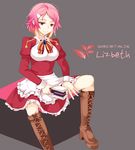  apron boots bow bowtie character_name copyright_name dress english freckles hair_ornament hairclip hammer knee_boots lisbeth nira_(vira) pink_hair puffy_sleeves purple_eyes short_hair simple_background sitting smile solo sword_art_online 