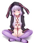  arms_behind_back bdsm blush bondage bound breasts clenched_teeth crotch_rope hair_ornament highres hood hooded_jacket hoodie jacket long_hair looking_at_viewer open_clothes open_jacket purple_eyes purple_hair purple_legwear rope shibari shibari_under_clothes shimo_(depthbomb) sitting small_breasts solo striped striped_legwear tears teeth thighhighs twintails vertical-striped_legwear vertical_stripes vocaloid voiceroid yuzuki_yukari 