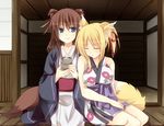  animal_ears bad_id bad_pixiv_id blonde_hair blue_eyes breasts brioche_d'arquien brown_hair closed_eyes dog_days fox_ears fox_tail japanese_clothes large_breasts mizuki_hau multiple_girls sleeping smile tail tea yukikaze_panettone 