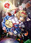  alice_margatroid blonde_hair blue_eyes blush cake capelet card cup flower food hairband highres pocket_watch rose short_hair smile solo teacup touhou watch wristband 