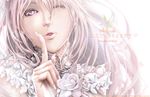  bad_id bad_pixiv_id dress face finger_to_mouth fingernails flower long_fingernails long_hair looking_at_viewer one_eye_closed original parted_lips phriano pink_eyes pink_hair rose solo sparkle upper_body white_dress white_flower white_rose 