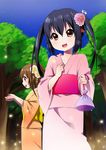  bag black_hair brown_eyes brown_hair fireflies flower hair_flower hair_ornament hirasawa_yui japanese_clothes k-on! kimono kinchaku long_hair multiple_girls muta_(munimuni) nakano_azusa orange_kimono pink_kimono pouch short_hair twintails yukata 