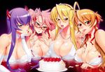  absurdres blonde_hair blue_eyes bra breast_rest breasts bridal_gauntlets busujima_saeko cake choker cleavage collar covered_nipples cream cream_on_face fake_horns finger_licking food food_on_face fork fruit glasses hair_ribbon hairband highres highschool_of_the_dead horns huge_breasts jewelry lace lace-trimmed_bra large_breasts licking lingerie long_hair marikawa_shizuka messy miyamoto_rei multiple_girls nail_polish necklace official_art open_mouth pearl_necklace pink_hair pink_nails purple_hair red-framed_eyewear red_eyes ribbon satou_shouji scan strap_gap strap_pull strapless strapless_bra strawberry takagi_saya tongue tsurime twintails underwear white_bra yellow_eyes 