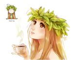  brown_eyes brown_hair chibi cup dress freckles green_tea head_wreath lips long_hair looking_up meago original personification signature simple_background sketch solo steam tea teacup upper_body 