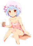  bare_legs bare_shoulders blue_hair blush drink fang hat kobii naked_towel red_eyes remilia_scarlet short_hair simple_background sitting smile solo touhou towel white_background 