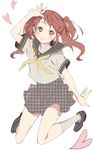  bad_id bad_pixiv_id brown_eyes brown_hair colored_eyelashes full_body hand_on_own_head heart heart-shaped_pupils highres houndstooth jumping kujikawa_rise loafers long_hair looking_at_viewer miniskirt persona persona_4 school_uniform serafuku shoes simple_background skirt smile socks solo symbol-shaped_pupils twintails unmoving_pattern white_background yoshida_morohe 