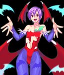  animal_print bare_shoulders bat_print bat_wings bridal_gauntlets demon_girl head_wings lavender_hair leotard lilith_aensland low_wings navel open_mouth pantyhose print_legwear red_eyes red_leotard short_hair solo succubus tetsu_(kimuchi) toned vampire_(game) wings 