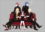 4boys archer_(fate/prototype) arthur_pendragon_(fate) bad_id bad_pixiv_id blue_hair cigarette couch cu_chulainn_(fate/prototype) fate/prototype fate_(series) formal green_eyes long_hair male_harem multiple_boys necktie perseus_(fate) ponytail red_eyes red_hair sajou_ayaka suit tomose0224 