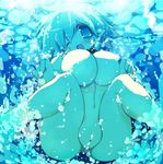  ;d aqua_hair blue_eyes blush breasts bubble elf fat_mons large_breasts no_nipples nude one_eye_closed open_mouth original pointy_ears pussy sakaki_(noi-gren) short_hair smile solo underwater water 