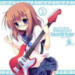  beamed_eighth_notes blue_eyes brown_hair dated eighth_note glasses guitar happy_birthday holding instrument looking_at_viewer musical_note original quarter_note raiou school_uniform skirt solo speech_bubble spoken_musical_note staff_(music) tongue tongue_out 