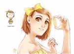  blush_stickers bow brown_eyes brown_hair chibi closed_eyes dress food freckles fruit hair_bow lemon lemon_slice lemon_tart looking_at_viewer meago original personification short_hair signature simple_background sketch solo strapless strapless_dress themed_object upper_body 