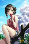  bad_id bad_pixiv_id blue_eyes blush brown_hair bug cloud dandelion day dragonfly eating fence flower food fruit insect kyon_(fuuran) mole mole_under_mouth open_mouth original rainbow shorts sitting sitting_on_fence sky solo sweat tank_top 