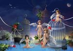  angel_wings asuna_(sao) birdcage blue_eyes blue_hair breasts brown_eyes brown_hair cage highres huazha01 lisbeth long_hair long_legs medium_breasts multiple_girls nude pina_(sao) pink_hair sachi_(sao) short_hair short_twintails silica sword_art_online twintails wings 