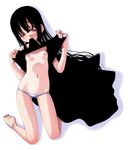  black_hair blush breasts kneeling long_hair mouth_hold nipples no_bra original panties red_eyes sakuya_tsuitachi shirt_lift small_breasts underwear 