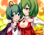  antennae ascot bad_id bad_pixiv_id between_breasts blue_eyes blush breasts cape cleavage cleavage_cutout food green_eyes green_hair hand_on_shoulder highres kazami_yuuka large_breasts looking_at_viewer looking_to_the_side multiple_girls open_mouth plaid red_eyes short_hair smile tears touhou wriggle_nightbug yoshimo yuri 