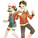  1girl bangs black_hair blue_eyes blush couple crystal_(pokemon) gold_(pokemon) hetero holding_hands pokemon pokemon_(game) pokemon_gsc pokemon_special ribbon sh02a shy twintails yellow_eyes 