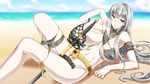  arm_support bare_shoulders beach belt bikini breasts censored convenient_censoring day ebido highres large_breasts lying on_side pale_skin red_eyes selvaria_bles senjou_no_valkyria senjou_no_valkyria_1 side-tie_bikini silver_hair solo swimsuit sword weapon 