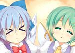  &gt;_&lt; blue_hair bow cirno close-up closed_eyes daiyousei face fairy_wings frown green_hair hair_bow incoming_kiss multiple_girls niiya short_hair take_your_pick touhou wings 