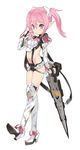  armor bad_id bad_pixiv_id bikini_armor blade_(galaxist) boots full_body gunblade high_heels midriff navel neighbor_quartz petite phantasy_star phantasy_star_online_2 pink_eyes pink_hair pointy_ears shoes simple_background smile solo sword thigh_boots thighhighs twintails weapon white_background 