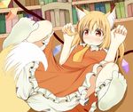  animal_ears ascot blonde_hair bloomers blush chiyono crystal flandre_scarlet fox_ears fox_tail highres kemonomimi_mode library no_hat no_headwear paw_pose red_eyes short_hair short_sleeves solo spread_legs table tail touhou underwear voile wings 