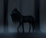  ambiguous_gender blue_eyes dark dark_theme equine fatalfox feral fog forest gaunt glowing glowing_eyes hi_res hooves horse mammal slim solo tree undead wood 