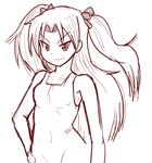  bare_shoulders bow character_request competition_swimsuit copyright_request eyebrows flat_chest hair_bow hand_on_hip long_hair mike_angel monochrome one-piece_swimsuit sketch smile solo swimsuit two_side_up 